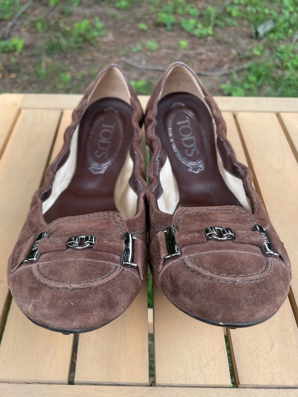 TOD'S Chocolate Brown Suede Loafers with Silver Bit